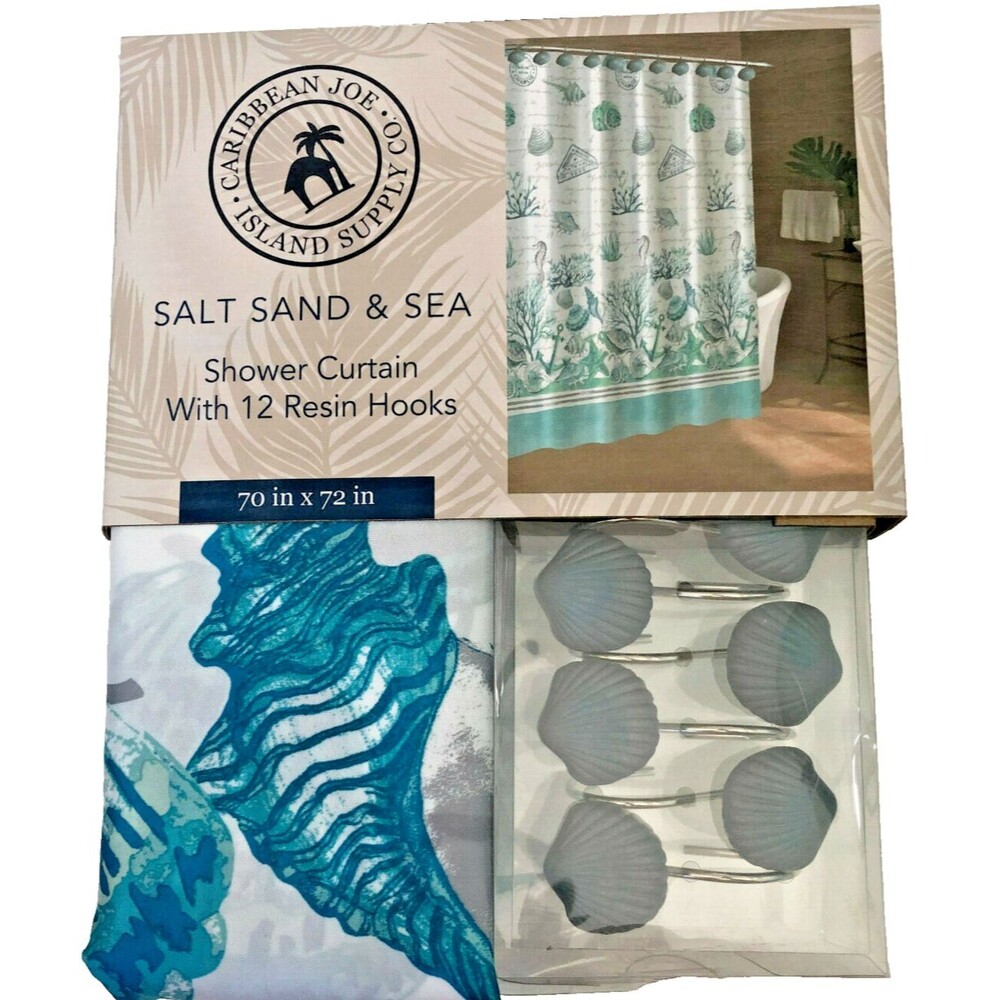 Caribbean Joe Coastal Fabric Shower Curtain and 12 Shell Hooks Salt Sand Sea